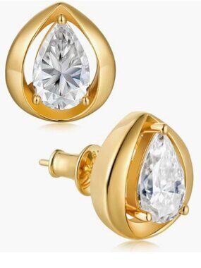 FRBOD 2Ct Pear Cut Moissanite Solitaire Stud Earrings Gold Plated Sterling